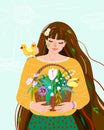 Woman like spring season. Beauty springtime flat female character hold in her hands basket with herb plants. Seasonal
