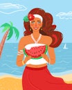 Woman like summer season. Beauty summertime flat happy female character hold in her hands bitten slice of watermelon