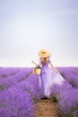 A woman in a lilac long fluffy dress walks in a field of lavender. In the hands of a basket with flowers and a wicker hat on his