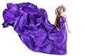 Woman Lilac Wreath, Silk Purple Dress Fluttering on Win, Beautiful Fashion Gown Waving on White Royalty Free Stock Photo