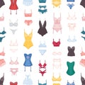 Woman lingerie vector seamless pattern. Erotic female bras and panties on white background. Various colorful underwear Royalty Free Stock Photo