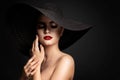 Woman lips and Black Hat, Fashion Model Beauty Portrait, Elegant Lady in Wide Brim Hat Royalty Free Stock Photo