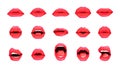 Woman lips. Female plump mouth with glossy lipstick, girl sexy impudent smile kiss lip makeup flat cartoon style. Vector