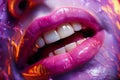 Woman lips neon fashion closeup beautiful sexy plump neon lips