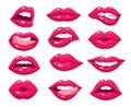 Woman lips. Red sexy mouth, female pink kiss with lipstick makeup. Hot girl open lip tongue. Isolated cartoon glamour