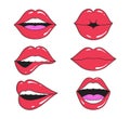 Woman lips with smile, kiss. Mouths collection of girl retro style for comic book. Female open mouth with teeth. Sticker lip shape