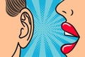 Woman lips whispering in mans ear with speech bubble. Pop Art style, comic book illustration. Secrets and gossip concept.