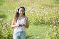 woman listen online music in park Royalty Free Stock Photo