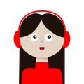 Woman listen to music. Young girl face. Earphones, headphones. Brunette lady, female. Social networks avatar. Business activities Royalty Free Stock Photo