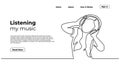 Woman listening music, continuous one line drawing. Vector illustration cheerful girl hearing entertainment audio. Landing page