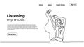 Woman listening music, continuous one line drawing. Vector illustration cheerful girl hearing entertainment audio. Landing page