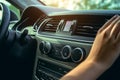 Woman listening radio while driving. Generate Ai