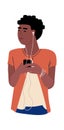 Woman listening to music. Cartoon girl with smartphone and headphones. Female character enjoying podcast or musical