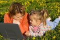 Woman and little girl relaxing on the flower field Royalty Free Stock Photo