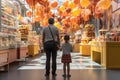 Woman and a little girl standing in a store with a lot of treats and chocolate. Back side view