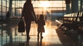 Woman and Little Girl Walking Through Airport Terminal on a Travel Journey Royalty Free Stock Photo