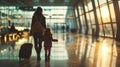 Woman and Little Girl Walking Through Airport Terminal on a Travel Journey Royalty Free Stock Photo