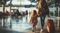 Woman and Little Girl Walking Through Airport Terminal on a Travel Journey Royalty Free Stock Photo