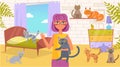 Woman living with lot of cats Cartoon. Isolated art Room