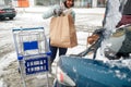 Woman loading food from shopping cart to car trunk Royalty Free Stock Photo