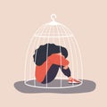 Woman locked in cage. Sad girl needs psychological help. Social isolation concept. Female empowerment movement. Violence