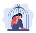 Woman locked in cage. Unhappy female character sitting on floor and hugging knees. Female empowerment movement. Concept of