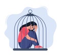 Woman locked in cage. Unhappy female character sitting on floor and hugging knees. Female empowerment movement. Concept of
