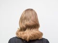 Woman with long blonde hair and elegant hairstyle in retro style of wavy hair in a beauty salon. Rear view Royalty Free Stock Photo