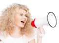 Woman with long curly hair holding megaphone Royalty Free Stock Photo