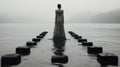 a woman in a long dress standing on blocks in the water