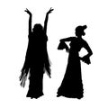 Woman in long dress stay in dancing pose. flamenco dancer, spanish. beautiful female profile black silhouette Isolated on white Royalty Free Stock Photo