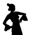 Woman in long dress stay in dancing pose. flamenco dancer, spanish. beautiful female profile black silhouette Isolated on white Royalty Free Stock Photo