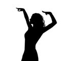 Woman in long dress stay in dancing pose. flamenco dancer, spanish. beautiful female profile black silhouette Isolated on white Royalty Free Stock Photo