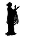 Woman in long dress stay in dancing pose. flamenco dancer, spanish. beautiful female profile black silhouette Isolated on white