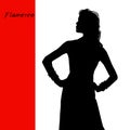 Woman in long dress stay in dancing pose. flamenco dancer, spanish. beautiful female profile black silhouette Isolated on white Royalty Free Stock Photo