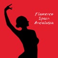 Woman in long dress stay in dancing pose. flamenco dancer, spanish. beautiful female profile black silhouette on red background. V Royalty Free Stock Photo