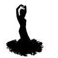 Woman in long dress stay in dancing pose. flamenco dancer, spanish. black silhouette Isolated on white background brush outline sk Royalty Free Stock Photo