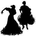 Woman in long dress stay in dancing pose. flamenco dancer Spanish regions of Andalusia, Extremadura Murcia. black silhouette Isola Royalty Free Stock Photo