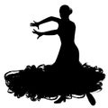 Woman in long dress stay in dancing pose. flamenco dancer Spanish regions of Andalusia, Extremadura Murcia. black silhouette Isola
