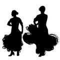 Woman in long dress stay in dancing pose. flamenco dancer Spanish regions of Andalusia, Extremadura Murcia. black silhouette Isola Royalty Free Stock Photo