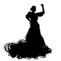 Woman in long dress stay in dancing pose. flamenco dancer Spanish regions of Andalusia, Extremadura Murcia. black silhouette Isola Royalty Free Stock Photo