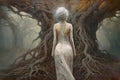 Woman in a long dress, view from behind, walking in scary forest , full with trees roots created by generative AI