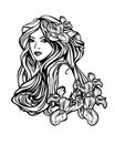 Woman With Long Hair Among Flowers Art Nouveau Style Vector Port