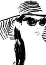 Woman with long hair, hat and sunglasses, abstract painting, fashion illustration in black and white