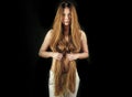 Woman with long hair and naked body. Haircare and shampoo. Beauty salon and fashion. Hairdresser and barber