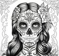 Woman with long hair with painted face decorated with flowers, frames. For the day of the dead and halloween. Black and white