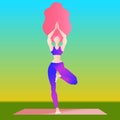 Woman long hair practice yoga tree pose. girl with long hair  on white yoga exercise pose. Flat character design Royalty Free Stock Photo