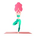 Woman long hair practice yoga tree pose. Sporty girl with long hair isolated on white yoga pose. Flat character design Royalty Free Stock Photo