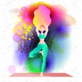 Woman long hair practice yoga tree pose.Sporty girl with long hair  on white yoga exercise pose.Flat character design. Royalty Free Stock Photo