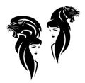 Woman with long hair and roaring lion and lioness head vector portrait set